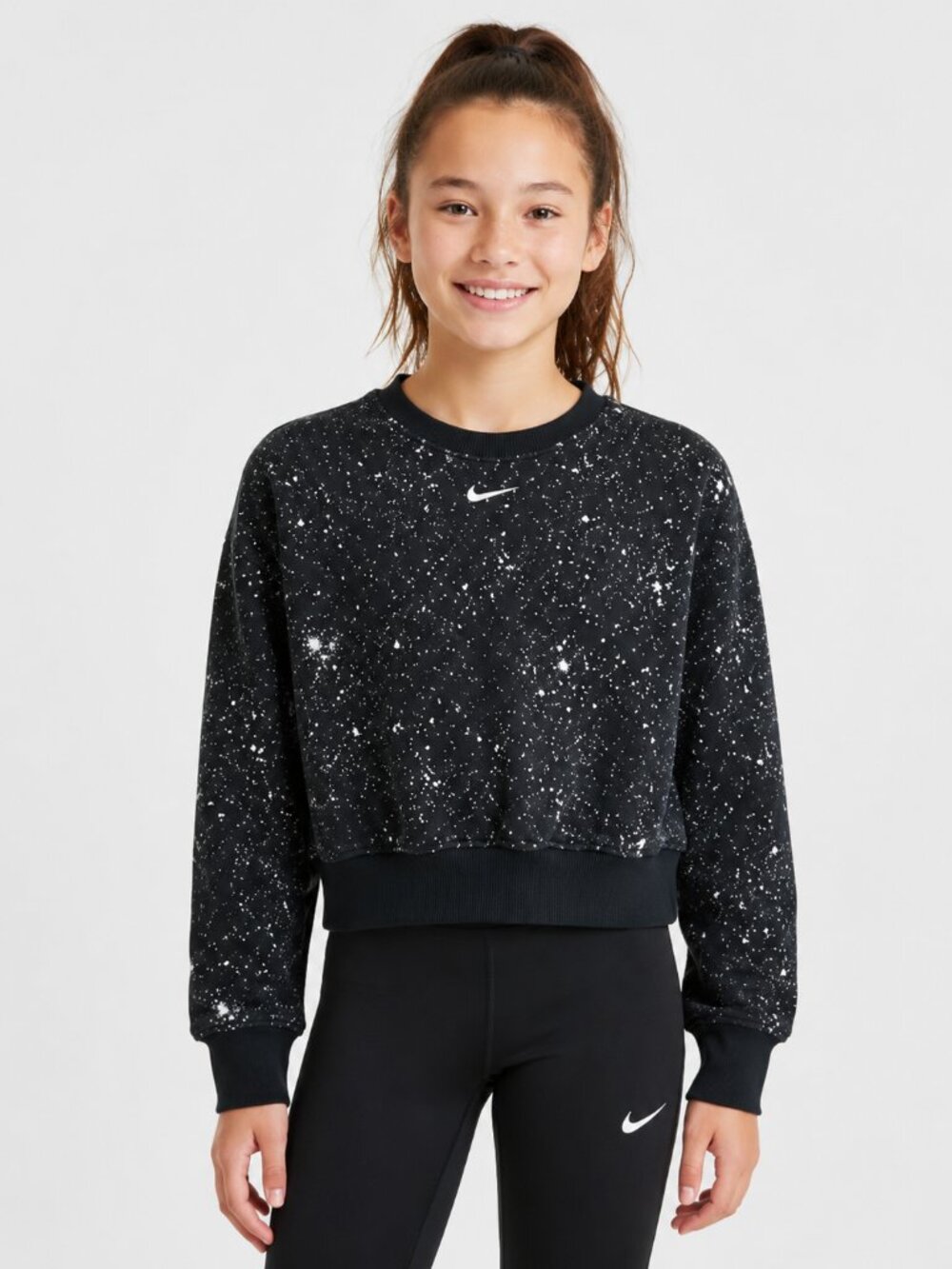 Nike Girls Cropped Sweatshirt Black Metallic Silver Splatter Crewneck Youth M